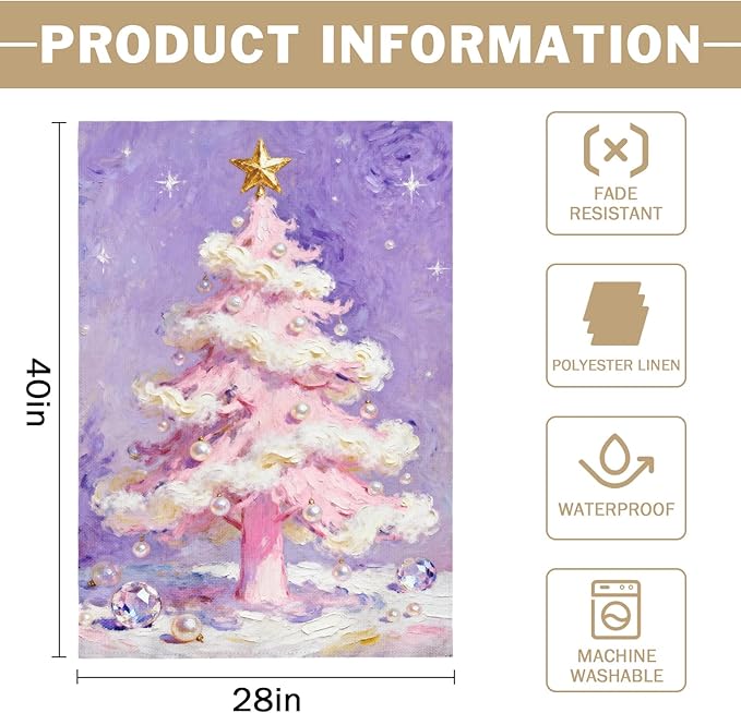 Christmas House Flag 28x40 Inch Purple Pink Xmas Tree Pearl Winter Holiday Decorative Garden Flags for Outside Double Sided Seasonal Outdoor Home Farmhouse Decoration Porch Yard New Year Decor