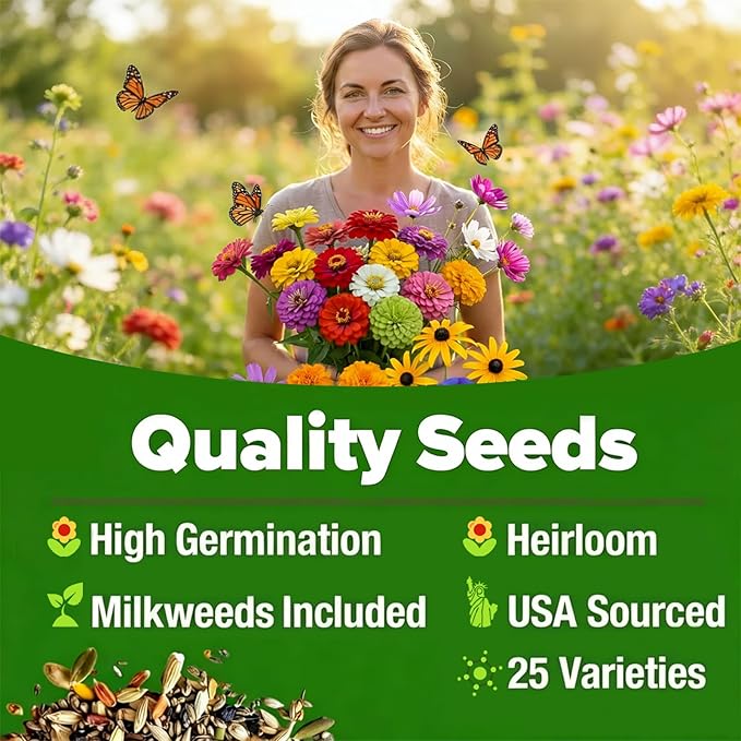 Wildflower Seeds Mix (3oz) - 89.400+Seeds - Non-GMO Milkweed Seeds for Monarch Butterflies - 25+Varieties Annual & Perennial Wildflowers Mix - Bulk Flower Seeds for Pollinator Gardens