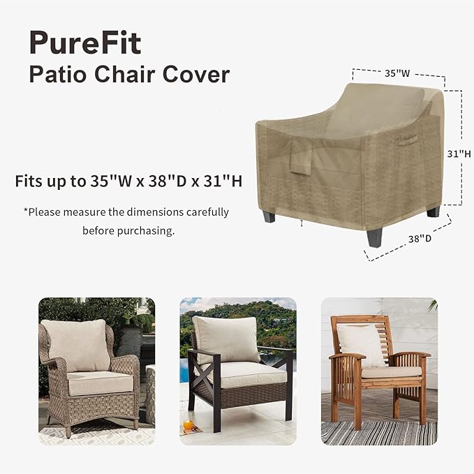 PureFit Outdoor Chair Covers Waterproof Patio Furniture Lawn Chair Covers for Outdoor Furniture with Air Vent and Padded Handles, Fits up to 35W x 38D x 31H Inches, Camel