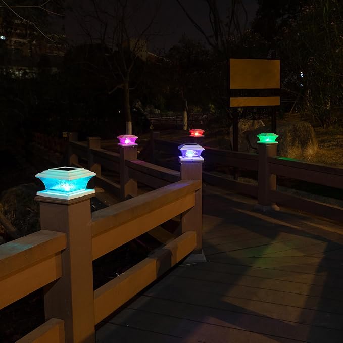 HUYIENO Solar Post Cap Lights Outdoor LED Lighting Deck Fence Cap Light 9 Light Modes Bright White/7 Color Fixed Modes/7 Color Cycling Mode Suitable for 4x4 5x5 Wooden Posts 4x4 5x5 Vinyl Posts