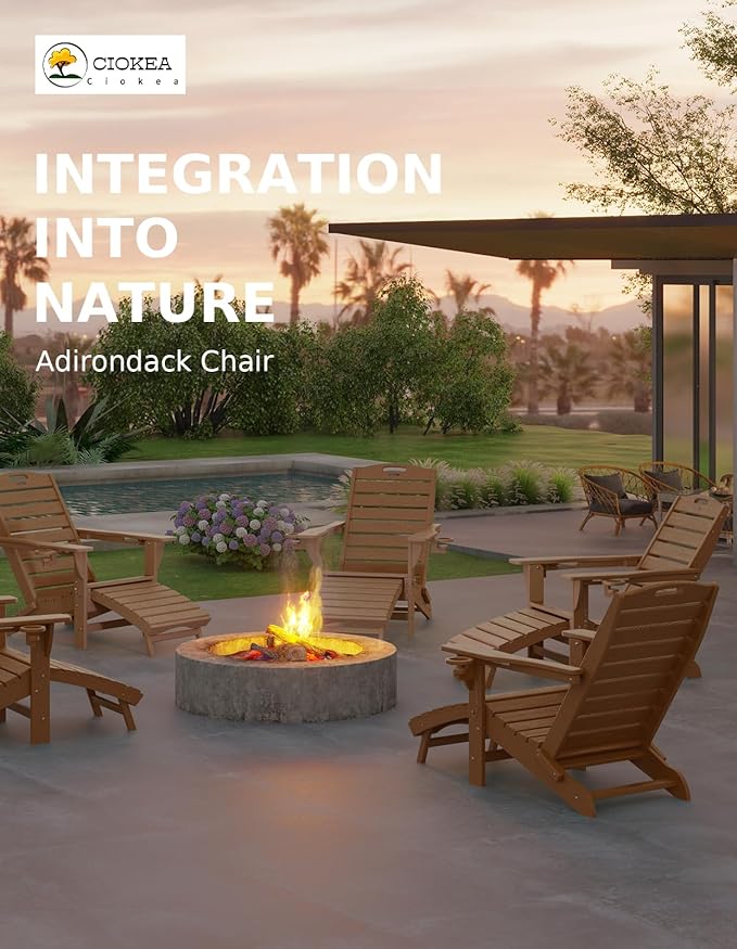 Ciokea Folding Adirondack Chair Set of 6 with Retractable Ottoman Fire Pit Patio Chair with Pull Out Foot Rest Weather Resistant Lawn Outdoor Chair with 2 Cup Holder (Teak)