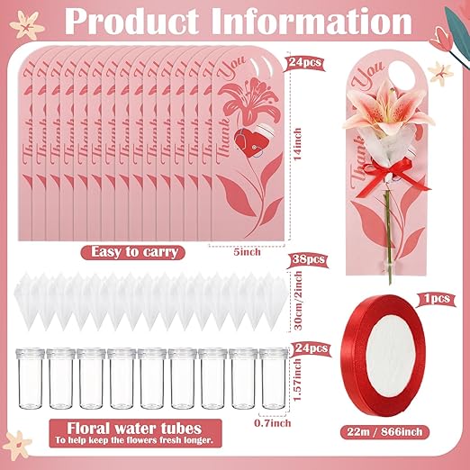 Eaasty 24 Set Nurses' Day Themed Single Lily Card Sleeve Gift Packaging Flower Holder with Floral Water Tubes Ribbon and Tissue Paper for Flower Packing