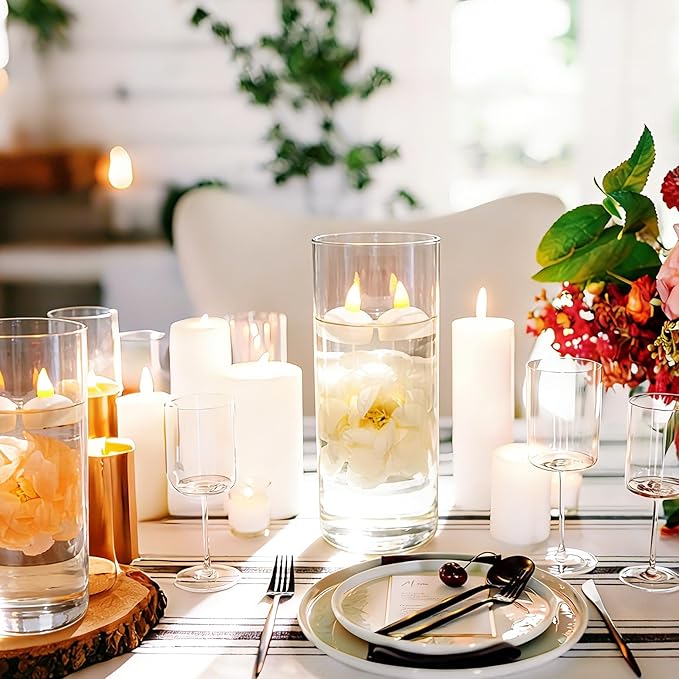 24 Pack Flameless Floating Candles and Floating Artificial Flower Led Battery Operated Waterproof Tea Lights for Vases Centerpieces at Wedding, Party, Pool Decor Champagne