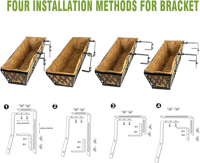 2 Pack 30 Inch Window Boxes Planters Railing Planter Box with Adjustable Brackets for Porch Fence Patio Balcony Hanging Flower Baskets with Coco Liners for Outdoor Garden Décor - Bronze