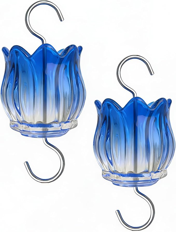 Glass Ant Moat for Hummingbird Feeder - 2PC x 3 OZ Gradient Blue Tulip Insect Guard with Large Capacity