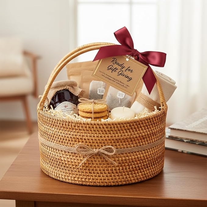 Handwoven Rattan Storage Basket with Handles, Natural Wicker Decorative Basket for Kitchen Counter, Pantry Organization, Floral Arrangement, Gift Packaging & Home Decor