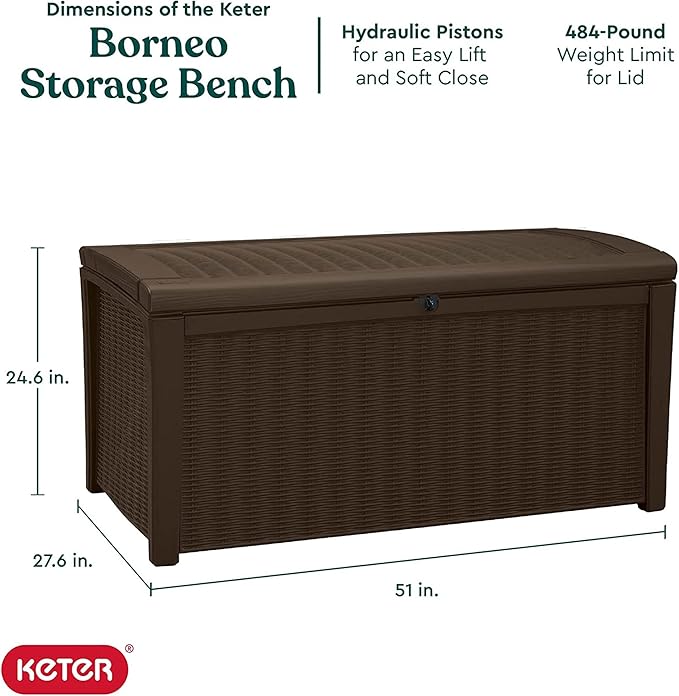 Keter 2-Pack Borneo 110 Gallon Deck Box Organizer, Doubles as 2-Person Bench Seat, Brown – Large Resin Outdoor Storage and Seating with Lockable Lid for Garden, Pool, and Patio