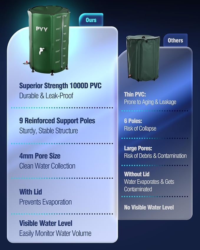 PYY Rain Water Collection Barrel - 100 Gallon Green Large Water Storage Tank with Spigots, Portable Rain Catcher to Collect Rainwater from Gutter, Plastic Rain Catchment System with Collapsible Bucket