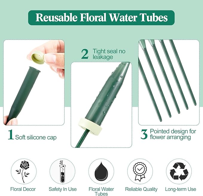 144 Pcs Floral Water Tubes Green Floral Tubes Plastic Flower Tubes for Fresh Flowers with Rubber Cap for Flower Stem Arrangements Supplies, 2 Size (12 Inch, 6 Inch)