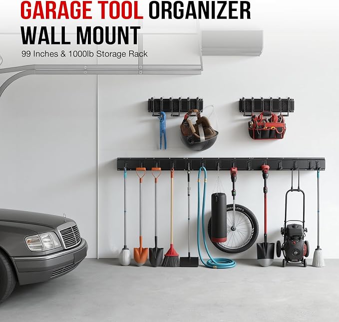 Tool Organizer Wall Mount 99 Inch, Heavy Duty Garage Storage Rack with Adjustable Hooks, Large Capacity Garden Tool Organizer for Garage Organization, Workshop, Shed