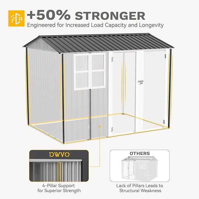 DWVO 8' x 6' Outdoor Storage Shed, Waterproof Metal Garden Shed with Windows, Lockable Doors, and Sloped Roof for Patio, Backyard, Lawn, Tool Storage, Bike Shed, Pet Shelter (Gray + White)