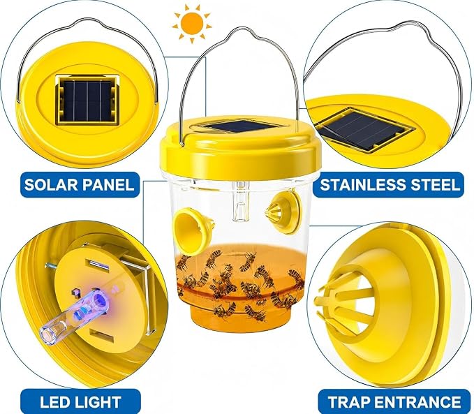 Wasp Traps Outdoor Hanging, Solar Bee Trap for Outside, Reusable Solar Powered Hornet Traps, Bee Wasp Catcher Outside Garden 4 Packs
