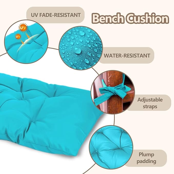 Yddsky Waterproof Indoor/Outdoor Garden Bench Seat Cushions,Thicken Patio Bench Soft Rocking Chairs Pad Lounger Seat for Wicker Loveseat Settee（59 X 19.6 in，Turquoise