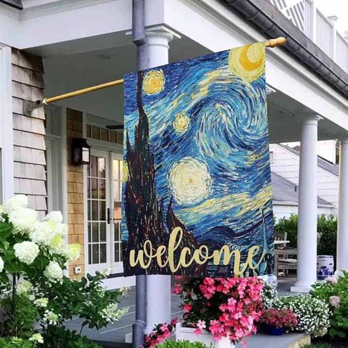 AOYEGO Starry Night Welcome House Flag Vertical Double Sided Burlap Farmhouse Yard Outdoor Seasonal Flags Decoration 28 x 40 Inches