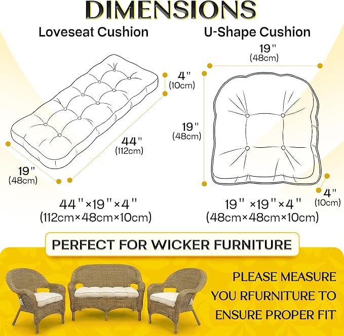1 MIDDLE ONE Wicker Chair Cushions 3 Pieces Set for Outdoor Furniture, Replacement Patio Wicker Furniture Cushions, 1Pc Loveseat Cushion & 2Pcs Chair Cushions (Cream)