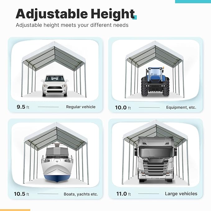 ADVANCE OUTDOOR 10x20 ft Heavy Duty Carport, Adjustable Height Garage Car Canopy Party Tent Boat Shelter, White