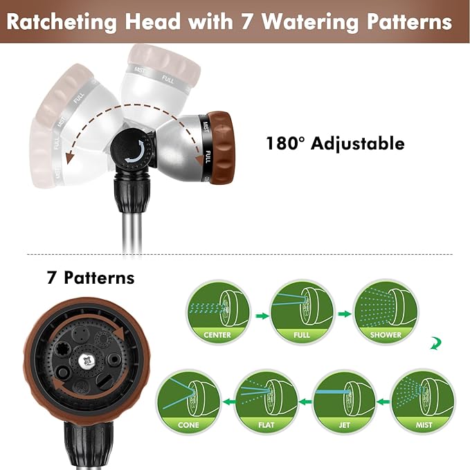 RESTMO 36”-60” Metal Watering Wand, Long Telescopic Tube | 180° Adjustable Ratcheting Head | 7 Spray Patterns | Flow Control, Perfect Garden Hose Sprayer to Water Hanging Baskets, Shrubs, Brown