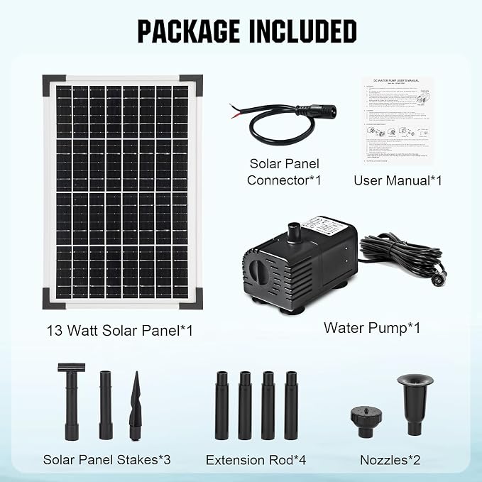 ECO-WORTHY Solar Water Fountain Pump Kit 216 GPH Flow 13W Adjustable Dry-Run Protection Solar Pond Pump Monocrystalline Solar Panel Powered Water Pump for Ponds, Garden, Waterfall, Pool, Birdbath
