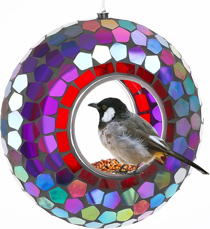 6 Inch Mosaic Glass Hanging Bird Feeder for Outdoors，Fly Through Bird Feeders for Wild Birds, Cute Seed Container with Round Shape for Backyard Window Garden Porch Decor, Aurora Purple Mosaic