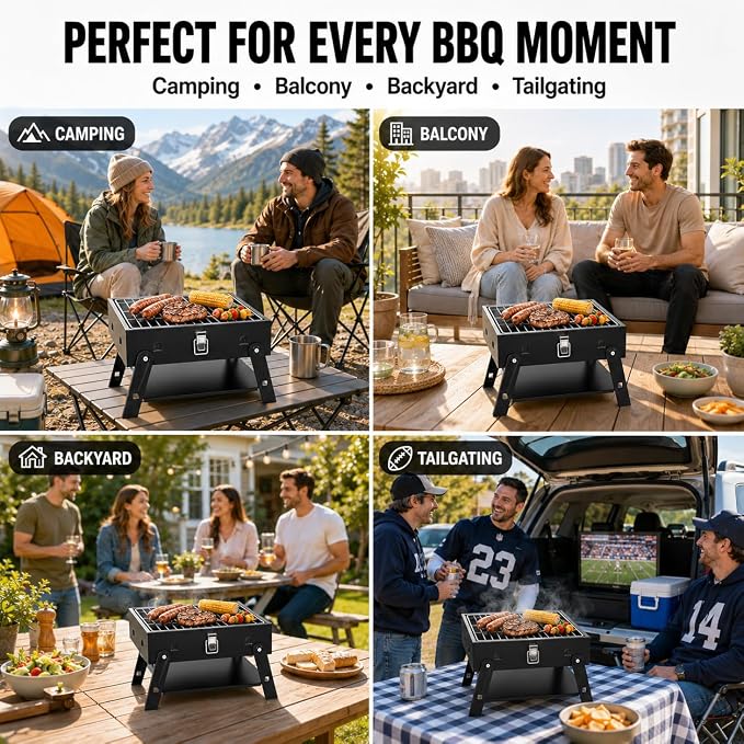 Small Portable BBQ Charcoal Grill: Mini Foldable Table Top Barbecue Grills with Fire Starter Kit and BBQ Grilling Tool Set, Fathers Day Birthday Grilling Gift for Men Dad Husband