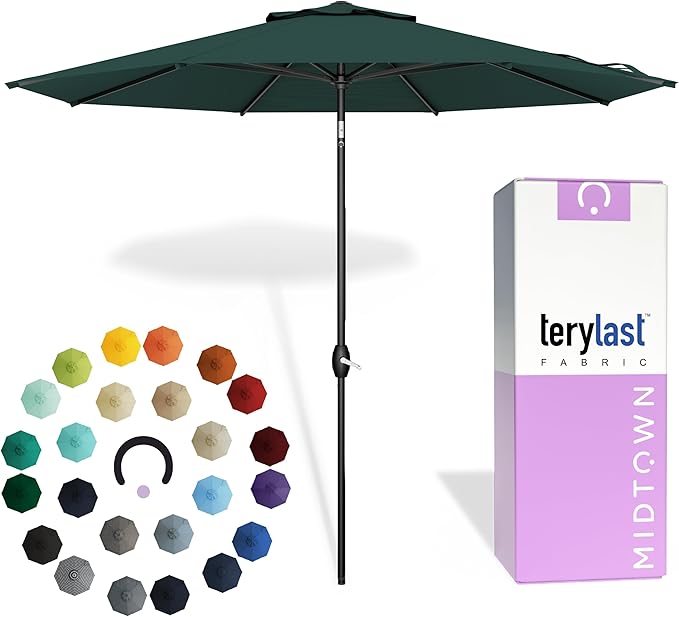 Midtown Umbrellas - 10-Year-No-Fade 9 Ft Patio Umbrella with Terylast Fabric, Auto-Tilt Aluminum Frame and 8 Reinforced Ribs for Deck, Pool, Garden & Beach - Forest Green Canopy, Black Pole