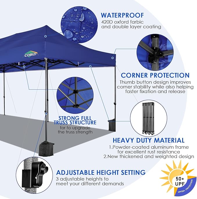 COBIZI 10x30 Pop up Carport 10x30 Canopy Tent with Sidewalls, Heavy Duty Party Tent Tents for Parties, Foldable UPF 50+ Waterproof Commercial Easy up Canopy with Roller Bag, Navy Blue