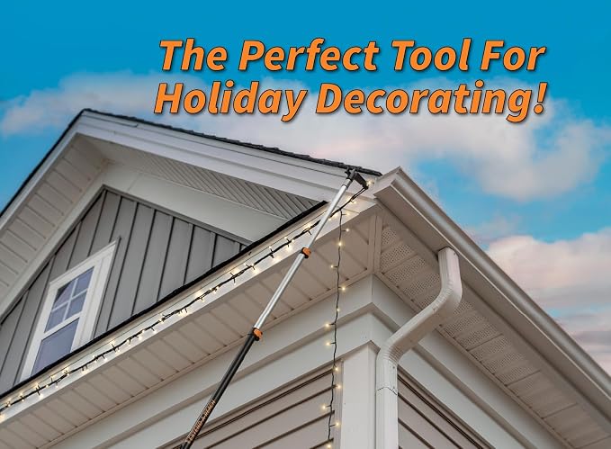 5-30 ft Long Telescopic Extension Pole with Utility Hook // Telescoping Pole for Christmas Lights Installation, String Lights, Birdfeeders // Lightweight and Sturdy // Christmas Light Pole with Hook