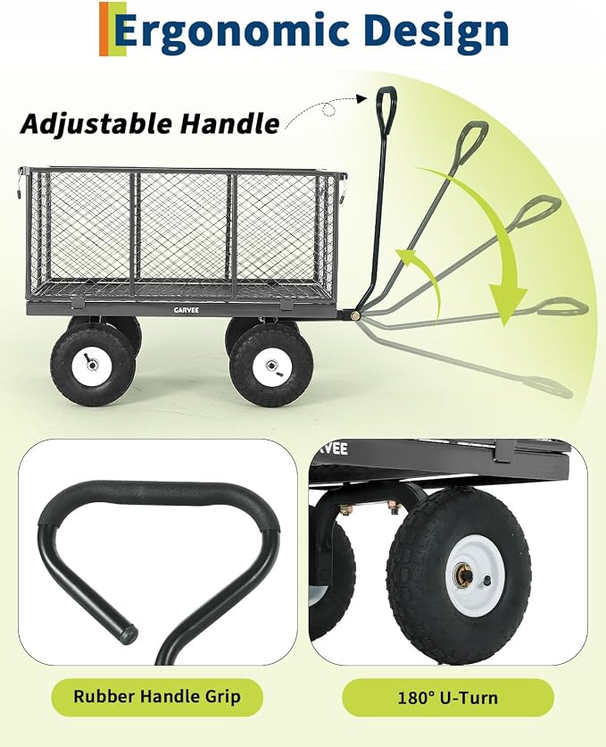 Garvee Versatile Outdoor Utility Cart-800LBS Heavy-Duty, 10" All-Terrain Pneumatic Tires, Easy Maneuverable Lawn Cart with Removable Mesh Panels for Gardening&Landscaping, Grey, with Waterproof Liner