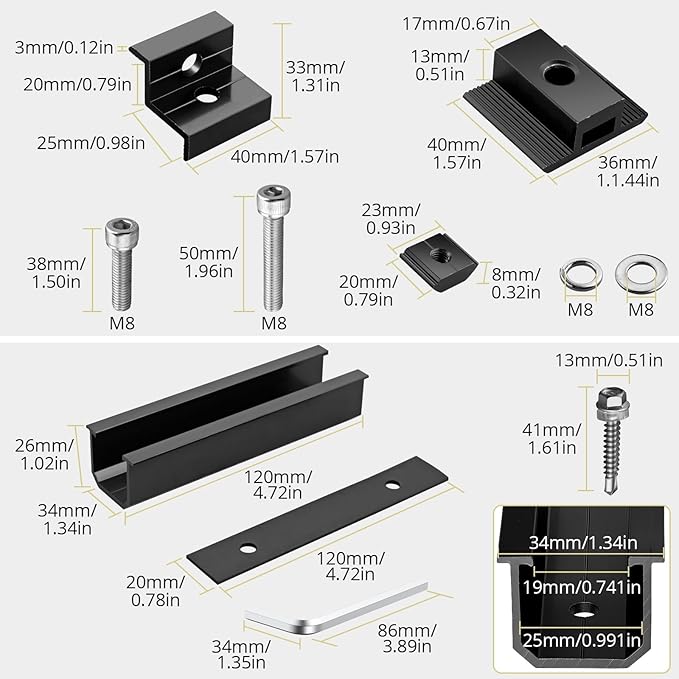 Anbte Solar Panel Mounting Brackets, Included 10 x 4.72 in Rails + 4 end Clamps + 6 Center Clamps + 1 Wrench, Aluminum Solar Mounting Kit for 4 Panels, Waterproof, for Roof, RV, Boat, Black