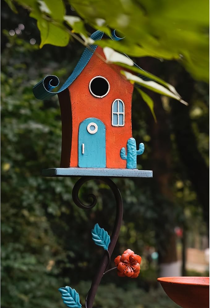 71" Tall Iron Fairy Tale Birdhouse with Bathing Platform, 1.2" Squirrel Guard Entry & Ground Spikes, Whimsical Garden Centerpiece Decoration