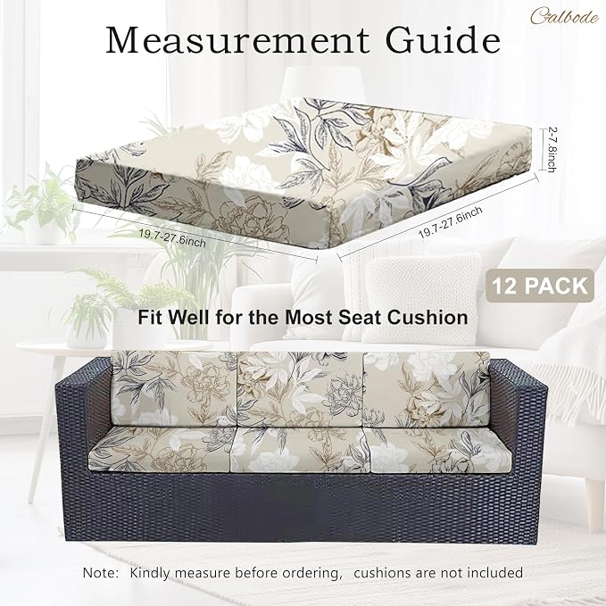 CALBODE 12Pcs Outdoor Stretch Cushion Covers,Waterproof Outdoor Chair Floral Cushion Covers for Patio Furniture, Washable Beige Couch Covers Replacement for Patio Furniture