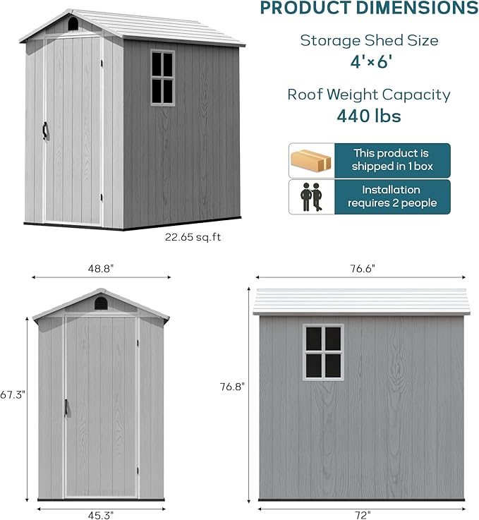 Greesum 4x6FT Plastic Storage Shed with Floor, Resin Outdoor Storaged Sheds with Lockable Door, All Weather Tool Shed with Window and Vent, Easy Assembly for Garden, Backyard, Patio, Light Gray