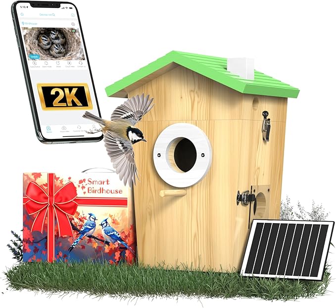 Bird House with Camera,2K HD No-Glow Night Vision,Isolated Camera Bay & 3 Entry Panels,Motion Alerts, Solar Powered Bird Nest Box for Backyard Bird Watching