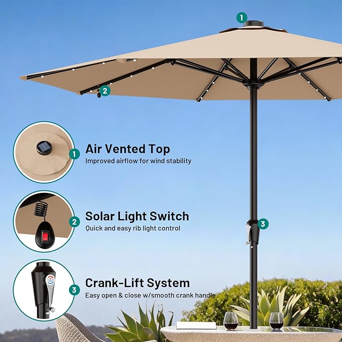 AreShark 11FT Large Patio Umbrella with Solar Lights, Lighted Solar Umbrella with Crank, Outdoor Table Market Umbrellas for Garden, Deck, Backyard, Pool and Beach, Beige