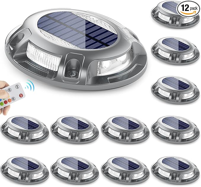 SIEDiNLAR Solar Driveway Light with Remote, 11 RGB Modes, Waterproof Outdoor Safety Light for Driveway Marker Deck Dock Walkway Pathway Step Yard Garden (12 Pack)