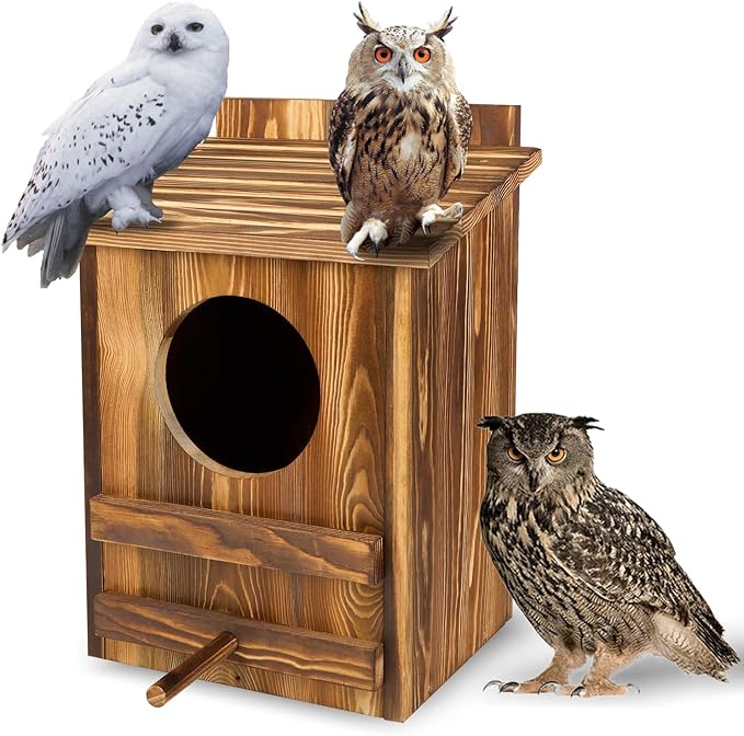 Owl Houses for Outdoors， 16.1x11.8x9.5 inch Large Carbonized Barred Owl Nesting Box, Waterproof & Ventilated Design, Ideal for Owls, Wildlife, Garden Decoration
