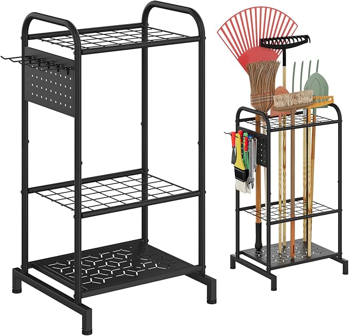 Garden Tools Organizer Rack, Yard Tool Rack, Heavy Duty Steel Yard Tool Organizer and Storage Holder Broom Holder for Shed, Patio, Outdoor (Rack with Hooks)