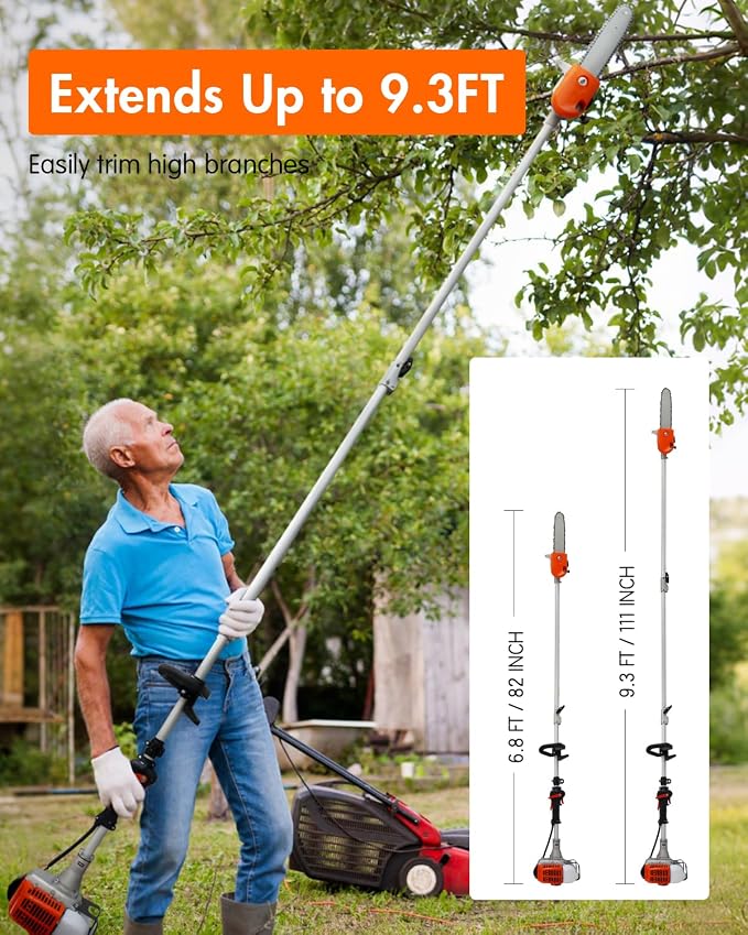 NEO-TEC 26CC Gas Pole Saw 6.9-9.5 FT Pole Chainsaw for Tree Trimming with 2.67 FT Extension Pole | 10" Chain Saw,90°Adjustable Head, Automatic Lubrication | Cuts Limbs Up to 8 Inches Thick