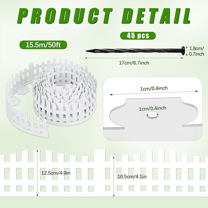 Sasylvia 4.5'' x 50 ft White Picket Fence Garden Border Mini Garden Fence Without Dig with 45 Stakes Plastic Decorative for Grass Plant Flowerbed Landscaping Lawn