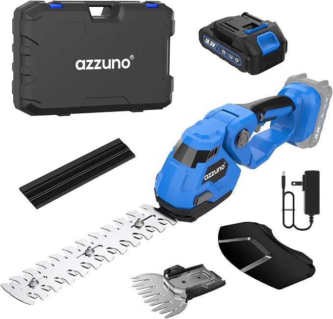 AZZUNO Cordless Hedge Trimmer, 21V Electric Grass Shears Shrubbery Trimmer with 1×2Ah Battery，2-in-1 Handheld Grass Cutter Shrub Trimmer for Gardens, Yards, Lawns, Including Charger