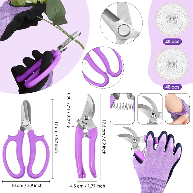 207 Pcs Flower Arrangement Supplies Florist Garden Tool Gift Kit for Women Mother's Day Include Purple Tool Bag Thorn Remover Rose Stripper Outdoor Hand Tools Stem Pruning Shear Gloves Stem Wire Etc