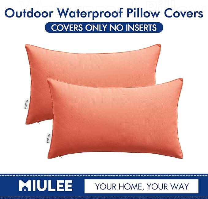 MIULEE Pack of 2 Decorative Outdoor Waterproof Pillow Covers Rectangular Garden Cushion Sham Throw Pillowcase Summer Shell for Patio Tent Couch 12x20 Inch Coral Red