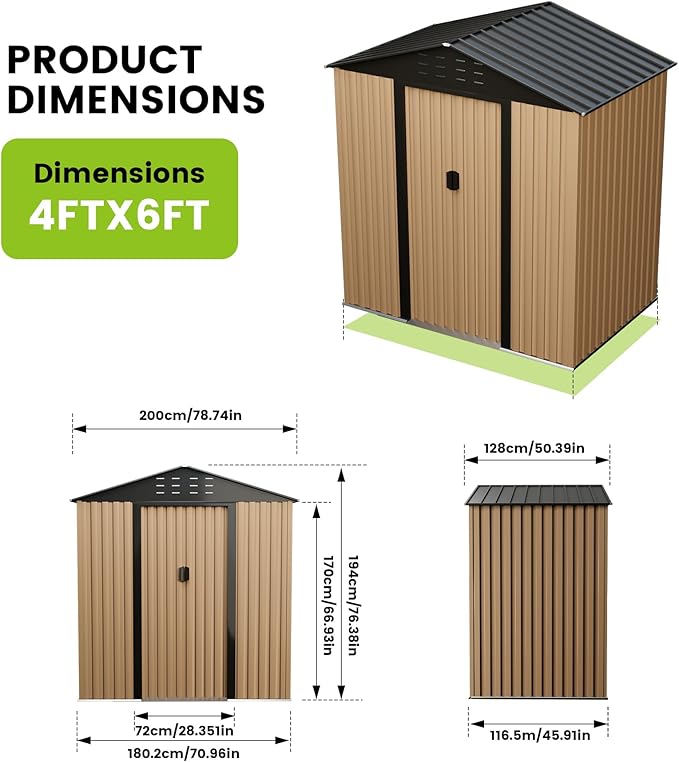 Large Metal Storage Shed, 6 x 4 FT Outdoor Storage Shed, Metal Garden Tool Shed with Roof, Door & Lock, Waterproof and Anti-UV, for Patio Garden Yard, Brown