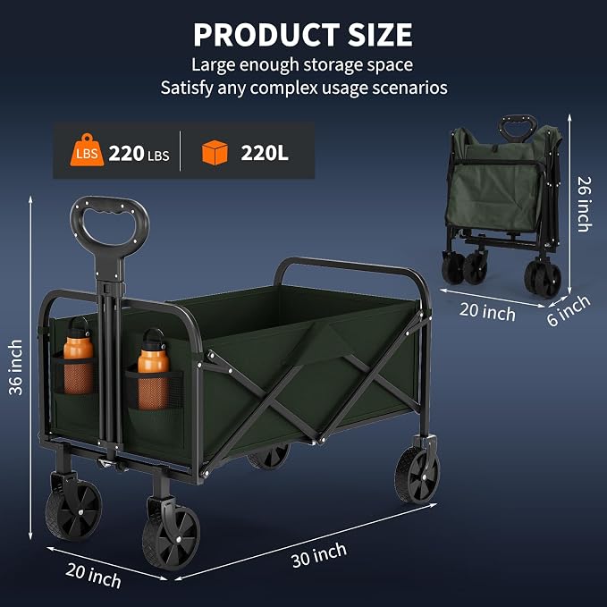 Garvee Wagons Carts Foldable, Garvee Utility Collapsible Wagon with All-Terrain Wheels, Drink Holders & Adjustable Handle, 220 LBS Portable Grocery Wagon for Shopping, Camping, Garden -Green