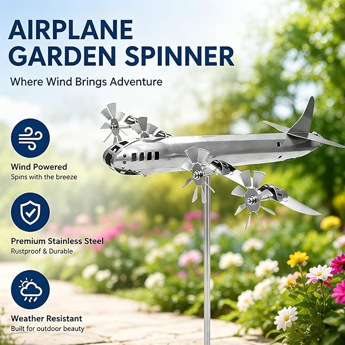 Metal Plane Garden Stake Decor, Unique Plane Garden Stake. Sturdy Metal Lawn & Patio Decor, Compact Housewarming Gift Art