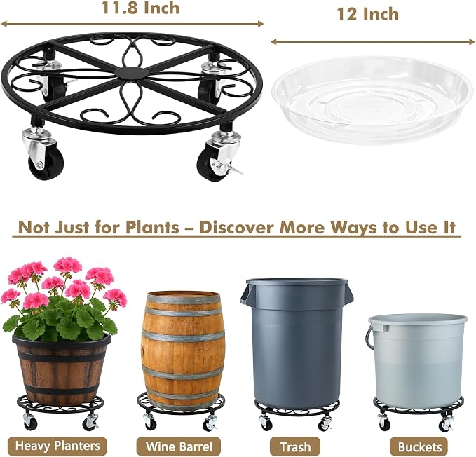 6 Pack Plant Caddy with Wheels 11.8 Inch Rolling Plant Stand for Large Plants Heavy Duty Plant Rollers Metal Plant Dolly Rustproof Planter Stand Wrought Iron Plant Stands Flower Cart Indoor Outdoor
