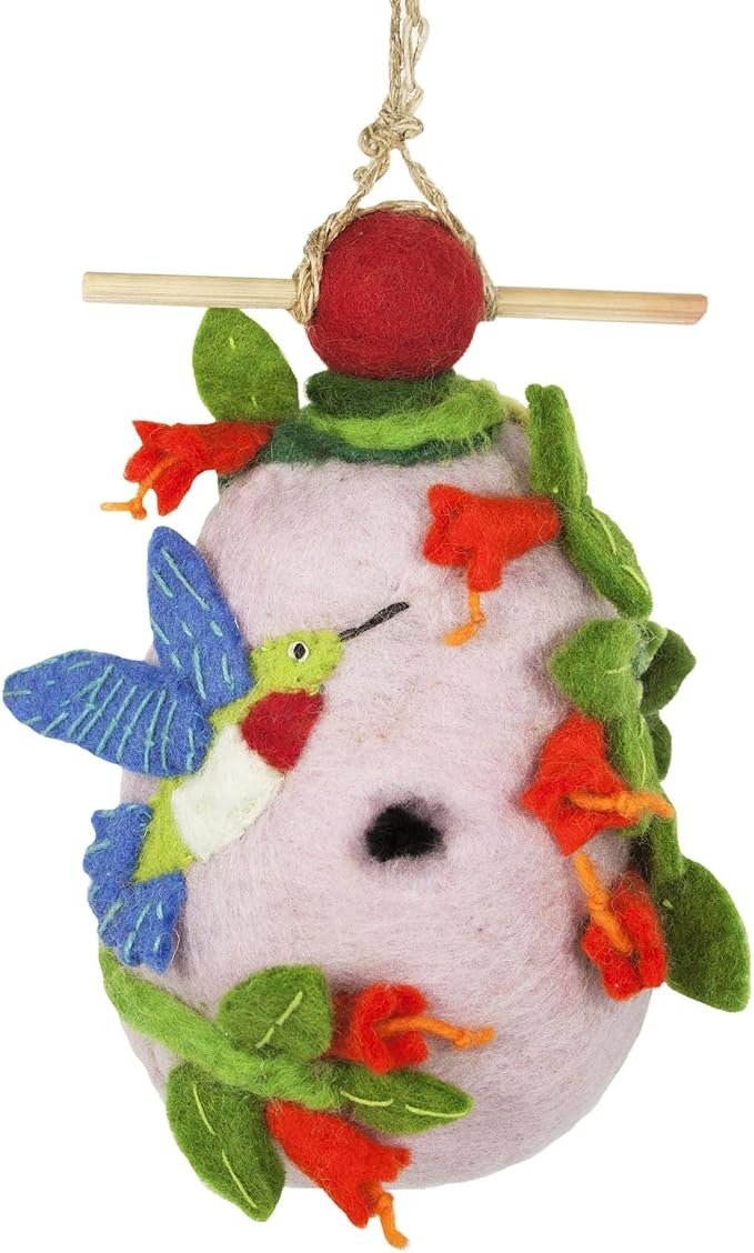 Global Crafts Bird House - Hummingbird Design, Modern Style - 11 x 7 x 3 in - Wool