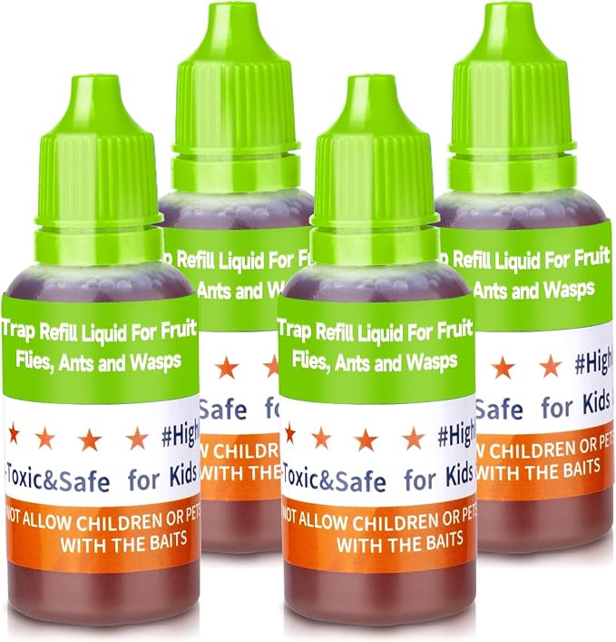 Fruit Fly Trap Refill Liquid, Effective Gnat Killer&Fruit Fly Catcher Bait Refill, Long-Lasting Fruit Scented Ants Attractant for Kitchen Bathroom Living Room Use, Safe Near Food (4 Pack)