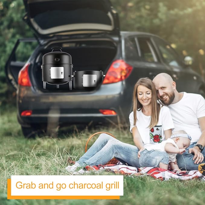 Charcoal BBQ Grill, Heavy Duty 3-in-1 Barbecue Smoker Grill for Garden Camping Outdoor Cooking and Grilling