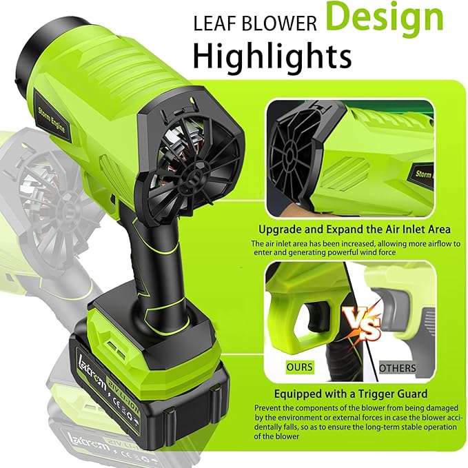 Leaf Blower Cordless with Battery and Charger 1000,000 RPM Handheld Lightweight Patio Cleaning Blower Set Extended Nozzle Design Blowing Leaves and Dust Car Dryer (Green)